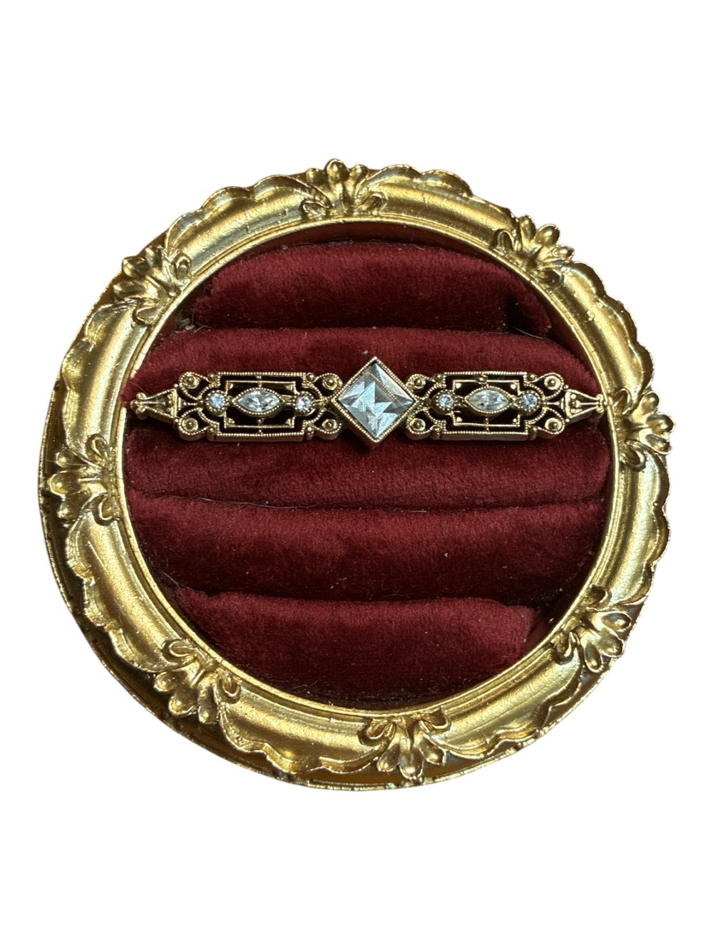 1928 Gold-Tone Filigree Bar Brooch with Clear Rhinestones